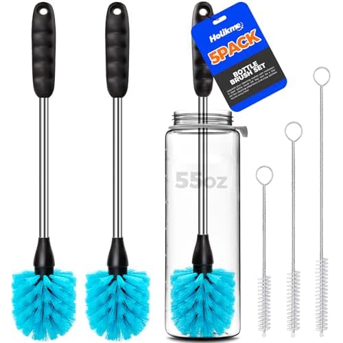 Holikme 5 Pack Bottle Brush Cleaner Set, 14" Long Handle Stainless Steel Bottle Cleaner Brush, 3 Straw Brushes, Bottle Cleaning Brush for Water Bottle, Cups, Baby Bottle, Straws Blue