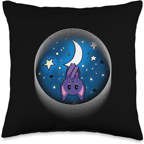 Kawaii Bat Hanging From Moon Graphic Throw Pillow
