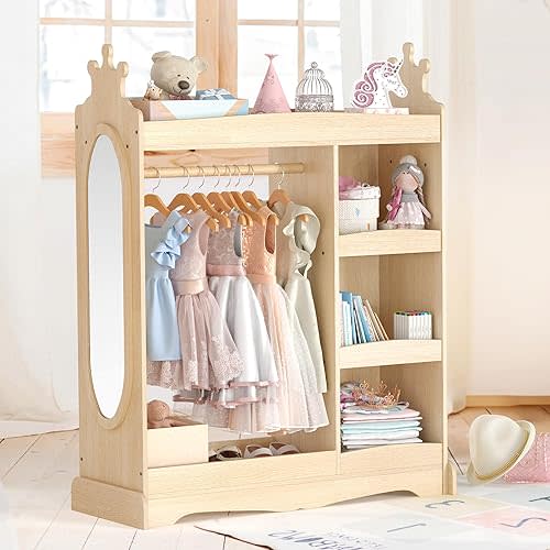 Kids Dress up Storage with Mirror, Kids Wardrobe with Storage & 3 Hooks, Kids Closet for Girls Boys, Kids Costume Organizer, Open Hanging Armoire Wardrobe Closet for Bedroom