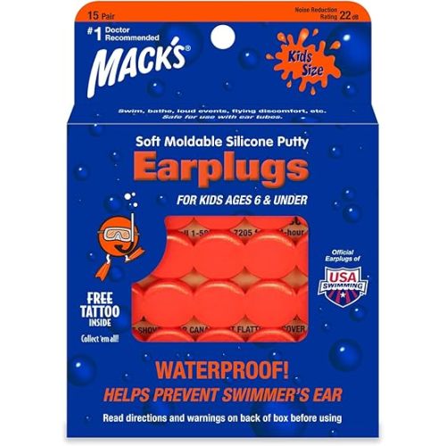 Mack's Soft Moldable Silicone Putty Ear Plugs – Kids Size, 15 Pair – Comfortable Small Earplugs for Swimming, Bathing, Travel, Loud Events and Flying | Made in USA