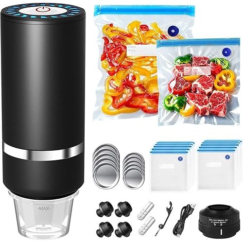 Handheld Vacuum Sealer for Food,Mason Jar Vacuum Sealer + 4Wine Vacuum Stopper +10 Reusable Vacuum Bags,Mini Small Vacuum Sealer Bags for Home,Kitchen,Travel,Fridge Meal Prep,Camping - Black