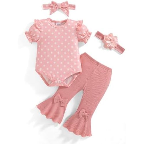 Vibebox Baby Girl Clothes Newborn Preemie Summer Outfits Short Sleeve Ruffle Romper Tops Bell Bottoms Pant Sets with Headband