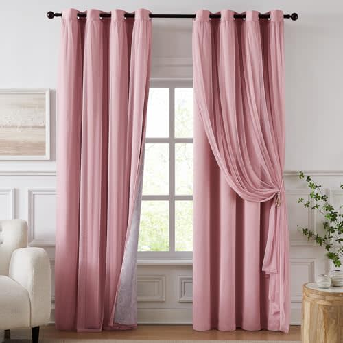 100% Blackout Curtains for Bedroom, Double Layer Pink Curtains, Black Out Curtain 84 inch Long with Sheer Overlay for Living Room, Room Darkening Window Drapes with Grommet, 52" W x 84" L