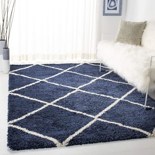 SAFAVIEH Hudson Shag Collection Area Rug - 5'3" x 7'6", Navy & Ivory, Modern Trellis Design, Non-Shedding & Easy Care, 2-inch Thick Ideal for High Traffic Areas in Living Room, Bedroom (SGH281C)
