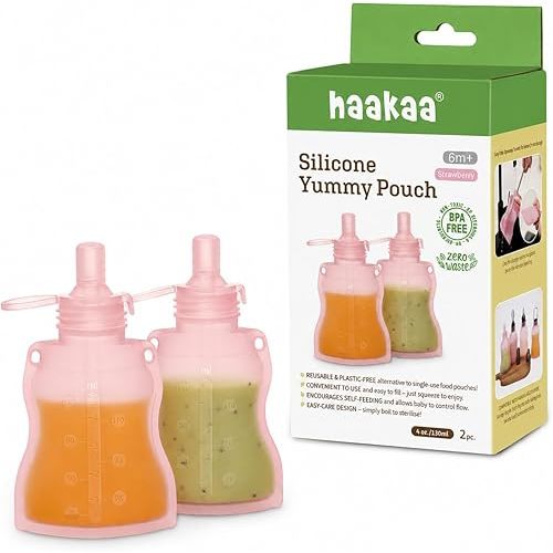 haakaa Silicone Yummy Pouch 4.5 oz – Reusable Silicone Snack & Smoothie Pouch, Refillable, Leak-Resistant, Dishwasher Safe, Eco-Friendly Food Storage for Babies Kids & Toddlers (2-PK, Strawberry)