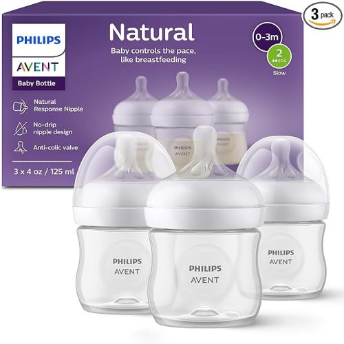 Philips Avent Natural Baby Bottle with Natural Response Nipple (Slow Flow, Flow 2), 4oz, 3-pack, SCY900/03