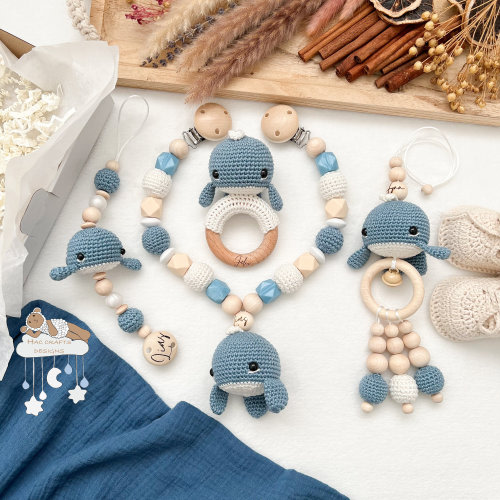 Personalizable Whale Blue Value Set Stroller Chain Pendant Pacifier Chain Grasping Toy Baby Shower Baptism Birth Gift