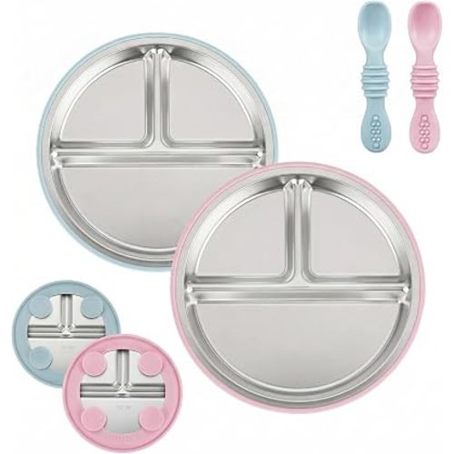 PandaEar 2 Pack Stainless Steel Baby Suction Plates & 2 Pack Spoons, Toddler Utensils Baby Feeding Set, Divided Plates for Baby Led Weaning Supplies, BPA-Free (Pink/Blue)