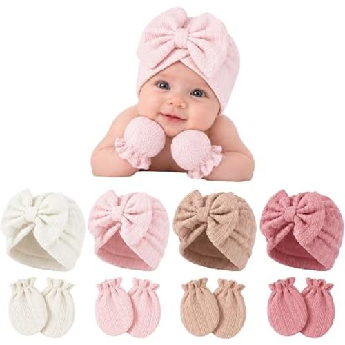 4 Sets Newborn Baby Girl Bow Hats and Mittens Turban Beanies 0-3M