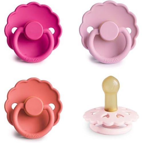 FRIGG Natural Rubber Baby Pacifier 4-Pack Rosy Romance | Made in Denmark | BPA-Free (6-18 Months)