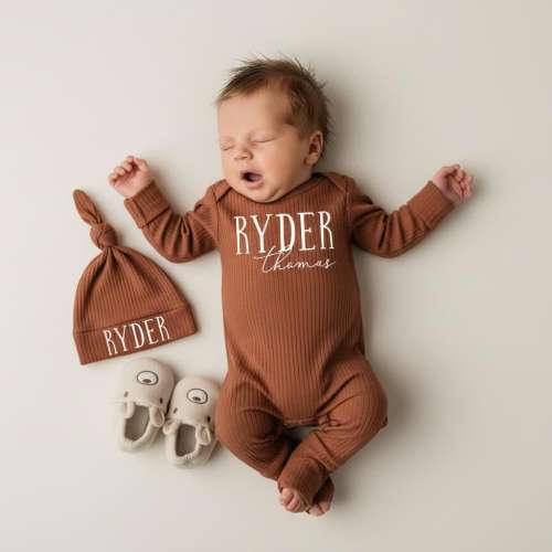 Personalized Modern First + Middle Name Baby Bodysuit And Hat Set, Baby Coming Home Outfit, Custom Newborn Gift