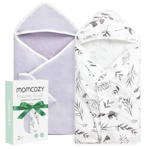 Momcozy Baby Hooded Towel-Made from Cotton, Suitable for Newborn Shower Gifts, 2 Count (Pack of 1), 28 X 28 Inch, Ink Wash Leaves