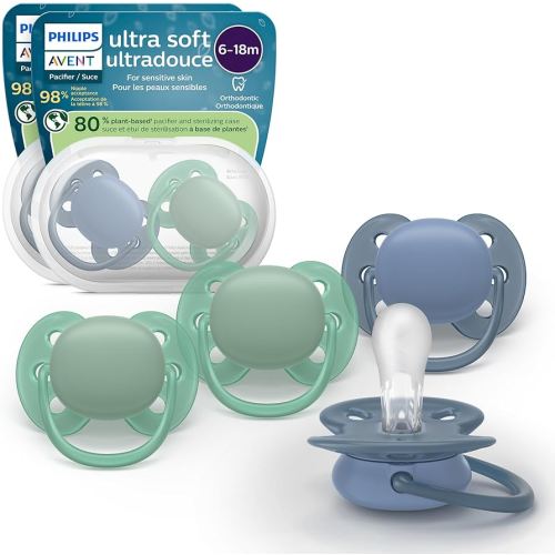 Philips Avent Ultra Soft Pacifiers - Orthodontic Design, for Babies 6-18 Months, Flexible Shield, Silicone Symmetrical Nipple, BPA-Free, 2 Sterilizing Cases, 4 Pack, SCF091/51