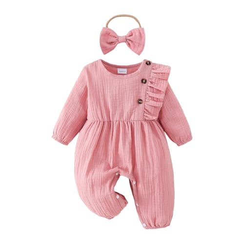 Newborn Baby Girls Smocked Romper Preemie Long Sleeve Going Home Outfit with Bow Headband