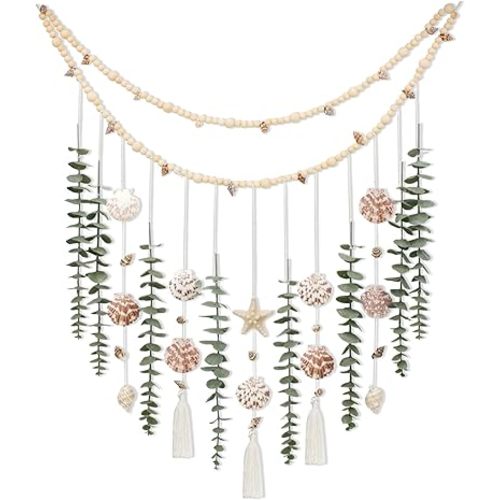 Artificial Eucalyptus Wall Decor with Seashell Coastal Decor Natural Home Decorations Hanging Wooden Bead Garland for Large Bedroom Bathroom Living Room, 32 x 32 Inch
