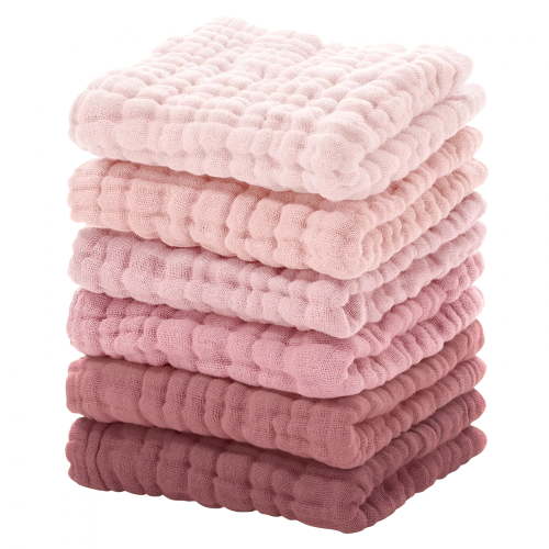 AUQ Muslin Baby Washcloths 6 Pack,100% Cotton Baby Wash Cloths for Baby Face Body,12x12"es Large Soft Absorbent Face Towels for Newborns Gradient Pink