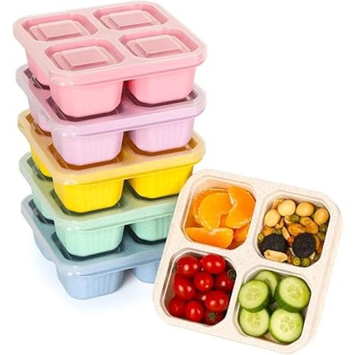 6 Pack Snack Containers, 4 Compartment Divided Snack Container for Kids, Bento Snack Box for Adults, Reusable Meal Prep Lunch Containers with Compartments, Small Bento Box for Work Travel