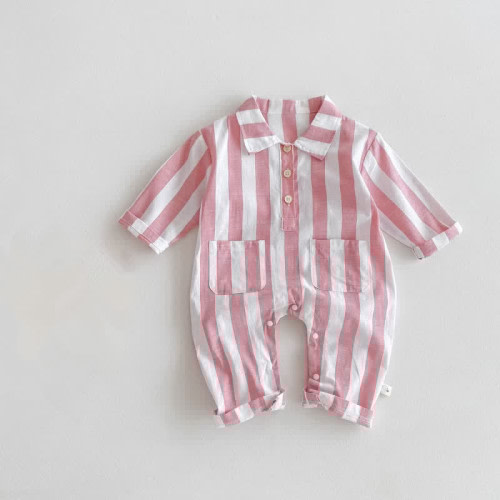 Baby Pink Vertical Striped Pocket Romper