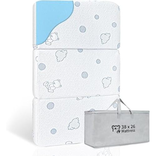 HREVAI Pack and Play Mattress, 38"x26" Dual-Sided High Resilience Memory Foam Tri-fold Baby Mattress for Pack n Play, Foldable Travel Pack n Play Mattresses Pad with Removable Cover & Carrying Bag