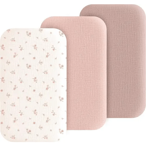 3 Pack Cotton Muslin Baby Bassinet Fitted Sheet for Bedside Sleeper