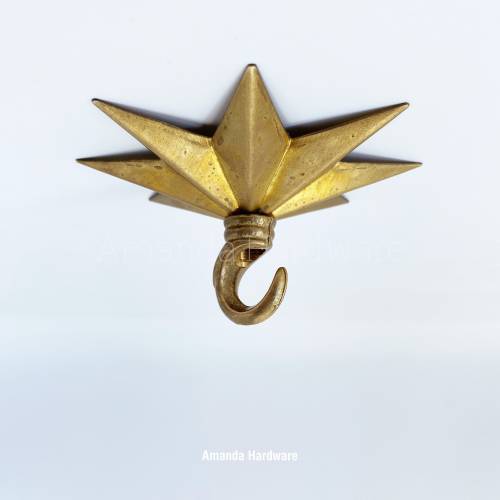 4.25in (110mm) Brass Star Hook For Hanging Planters, Wind Chimes, Swag Pendant Lights and Keys - Decorative Hook For Ceiling & Wall Hangings