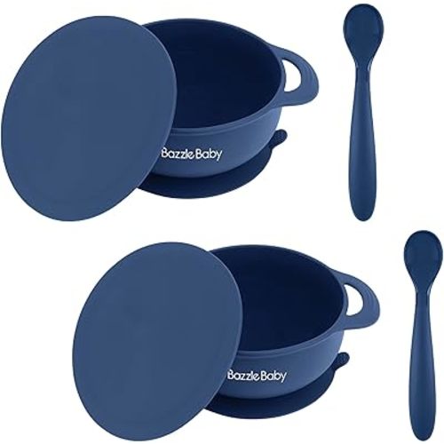 Bazzle Baby Silicone Suction Bowls with Suction with Lid and Spoon BPA Free Silicone, Baby Led Weaning, Stay Put Bowl for Baby Toddler Kids, Bowl with Lid and Spoon 2 pack (Navy and Navy)