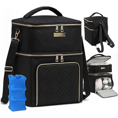 Castal Breast Pump Bag –Insulated Pump Bag, Breastmilk Cooler Bag with Ice Pack–Leak-Proof Double Layer Breast Pump Travel Bag Holds 6 Milk Bottles with Elastic Strap–Black