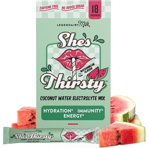 Legendairy Milk She's Thirsty Watermelon, No Sugar Added Electrolytes Powder Packets–Coconut Water Mix for Women, Instant Hydration Packets, Immune Support, Pregnancy Safe, 18 Ct