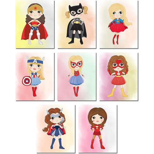 Cute Superhero Girls Wall Art Prints - Superhero Posters for Girls, Playroom Pictures for Kids, Heroic Bedroom Artwork, Inspirational Prints for Rooms - Unframed Set of 8 (8x10")