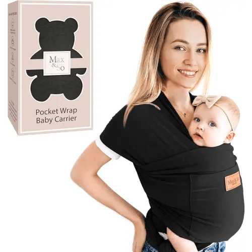 Baby Wrap Carrier - Premium Cotton Baby Carrier Wrap for Newborn to Toddler- Infant Carrier- Baby Holder One Size Fits All with Front Pocket (Black) by Max&so