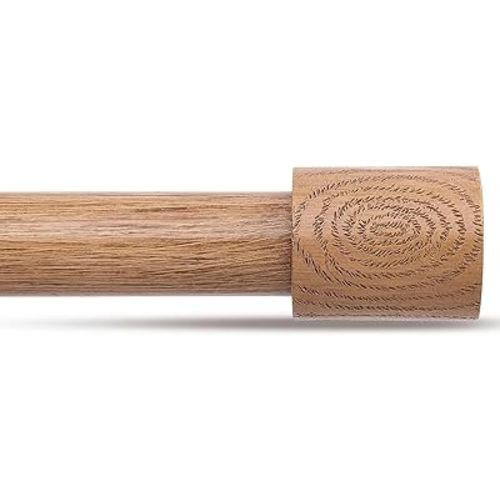 Wood Curtain Rods, 1'' Decorative Adjustable Rustic Farmhouse Drapery Rod, Heavy Duty Boho Curtain Pole for Windows 28 to 48 Inch with Imitation Wooden Grain Finials, (Light Wood/Unique Design)