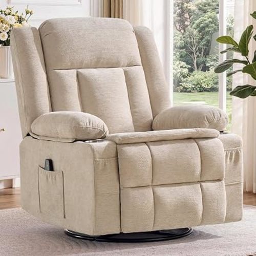 Korser Swivel Rocker Recliner for Adults, Manual Recliner Glider with Massage and Heat, Rocking Chair with Cup Holder, Nursery Rocking Chair for Living Room, Bedroom (Chenille, Khaki)