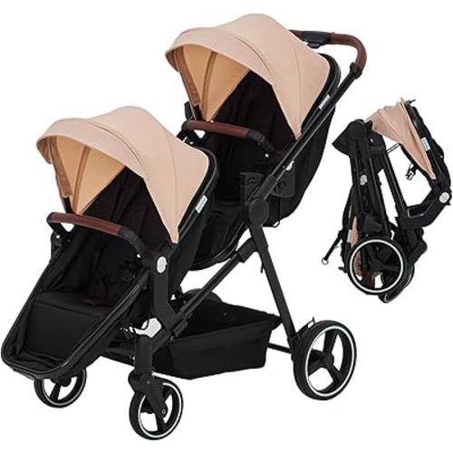 Tandem Double Stroller Newborn and Toddler, Foldable Twin Stroller with Reversible Seat, 5-Point Safety Harness, Adjustable Backrest & Canopy, Storage Basket