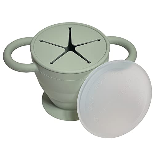 BraveJusticeKidsCo. | Snack Attack II Snack Cup | Collapsible Silicone Snack Container | Toddler and Baby Snack Catcher Lid (Desert Sage)