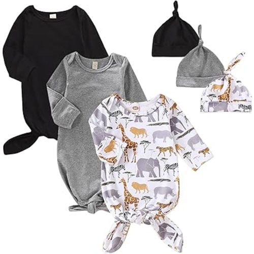 OPAWO Newborn Baby Knotted Gowns with Mitten Cuffs and Hat Baby Sleeper Gowns Coming Home Outfit for Baby Boy Girl 0-6 Months