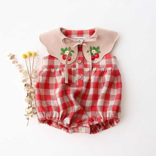 Baby Bubble Romper in Cherry Check Linen with Embroidered Petal Collar "Strawberry" in Beige Linen, Newborn Toddler, Berry First Birthday