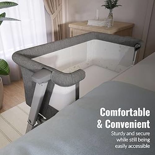 Dream On Me Skylar Bassinet and Bedside Sleeper, Adjustable Heights, Breathable Mesh Sides, Plush Mattress Pad, Wheels with Safety Locks & Tool-Free Assembly, Compact Fold & Travel Bag - Grey