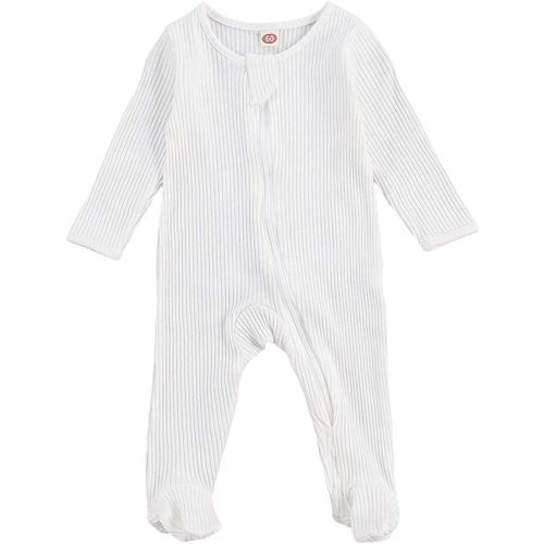 One opening Newborn Baby Boy Girl Zipper Footies Pajamas Pjs Ribbed Solid Long Sleeve Romper Jumpsuits Footed Sleep and Play