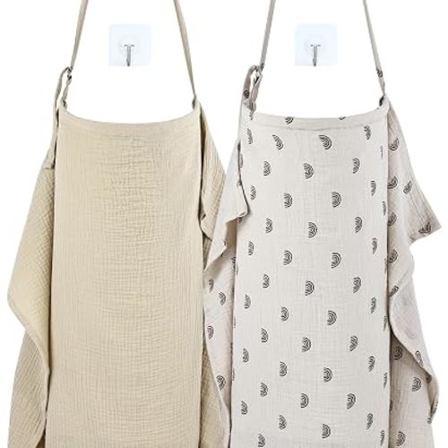 Cinaci 2 Pack Pure Cotton Muslin Lightweight Breathable Breastfeeding Nursing Cover Blankets with Adjustable Metal Clasp (Rainbow Khaki+Khaki)