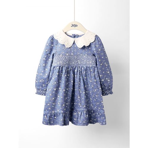 JoJo Maman Bébé Navy Blue Floral Smocked Jersey Dress with Broderie Collar