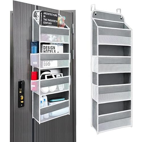 Over The Door Organizer with 4 Side Mesh Pockets, 44lb Weight Capacity Hanging Behind The Door Storage Suitable for Storing Toys, Shoes, Towels, Grey