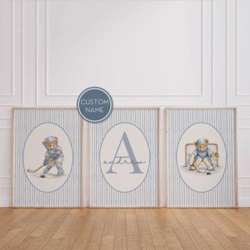 Custom Hockey Nursery Wall Art: Personalized Teddy Bear Name Print Set (Digital Download)