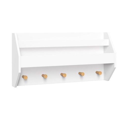 RiverRidge Kids' Catch-All Wall Shelf with Bookrack and Hooks for Books and Bags with Pine Wood Accents White