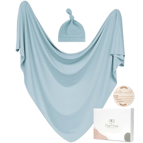 MairMore Baby Swaddle Receiving Blankets with Matching Beanie Set Newborn Nursery Swaddle Wrap for Baby Girls and Boys (Blue)