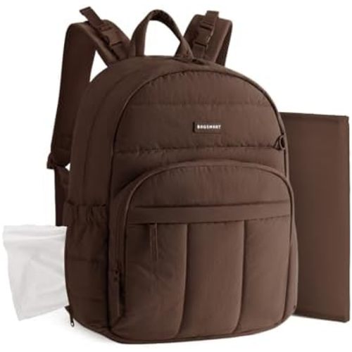 BAGSMART Diaper Bag Backpack, Multi-Pocket Puffy Diaper Bag with Waterproof Changing Pad, Lightweight Stroller-Friendly Diaper Bag with Insulated Pockets, Easy-Access Baby Essential, Coffee Brown