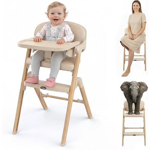 High Chair, Foldable High Chairs for Babies and Toddlers Ultra Safe for Infant or Adults Up to 150 Lbs, Easy Clean, Removable Tray/Adjustable Footrest for Baby Feeding HighChair, Cream