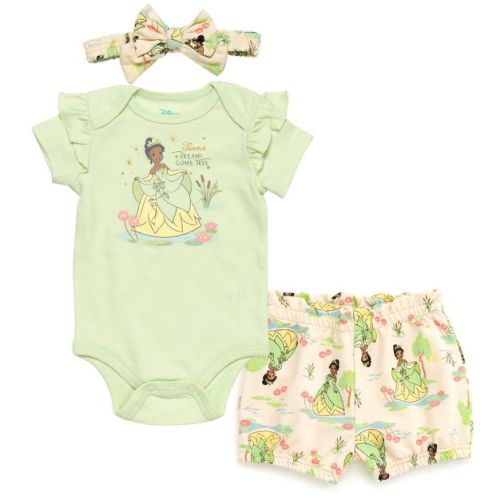 Disney Princess Ariel Belle Tiana Baby Girls Bodysuit Bubble Shorts and Headband 3 Piece Outfit Set Newborn to Infant