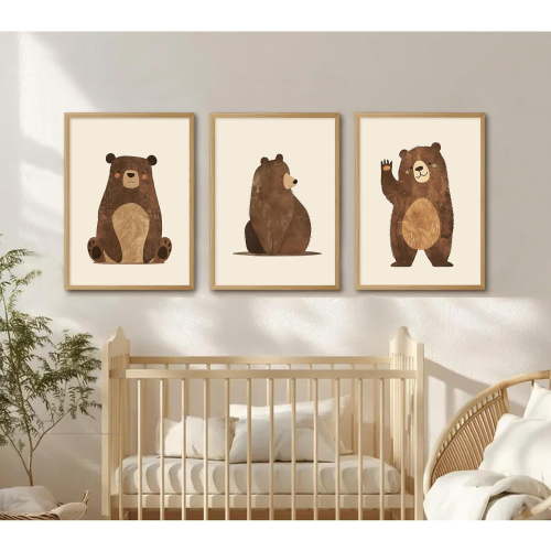 Nursery Wall Art Baby Canvas Pictures Bear Wall Decor Boys Room Prints Kids Poster Cute Animal Theme Pictures Woodland Bear Painting Neutral Children Artwork for Bedroom 16x24 Inch Unframed Set of 3