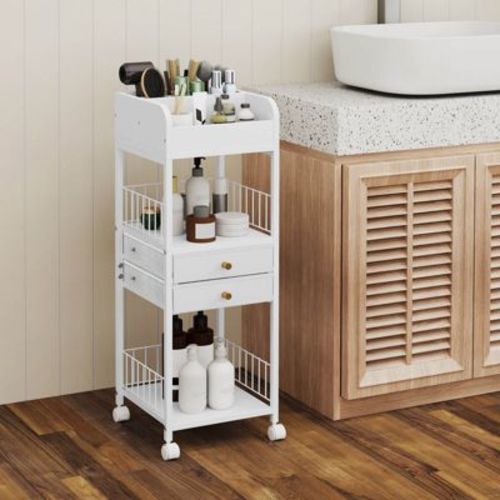 Costway Makeup Organizer Cart with 2 Storage Drawers & Lockable Wheels for Perfume, White