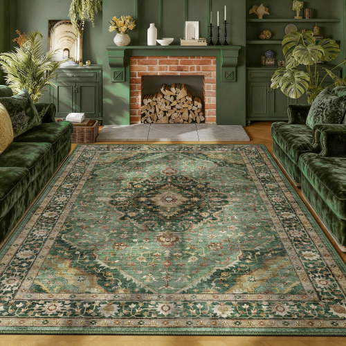 ATHOPE 6x9 Area Rugs for Living Room Bedroom, Washable Soft Rug with Non-Slip Backing, Large Floral Vintage Distress Print Pattern Carpet, Green